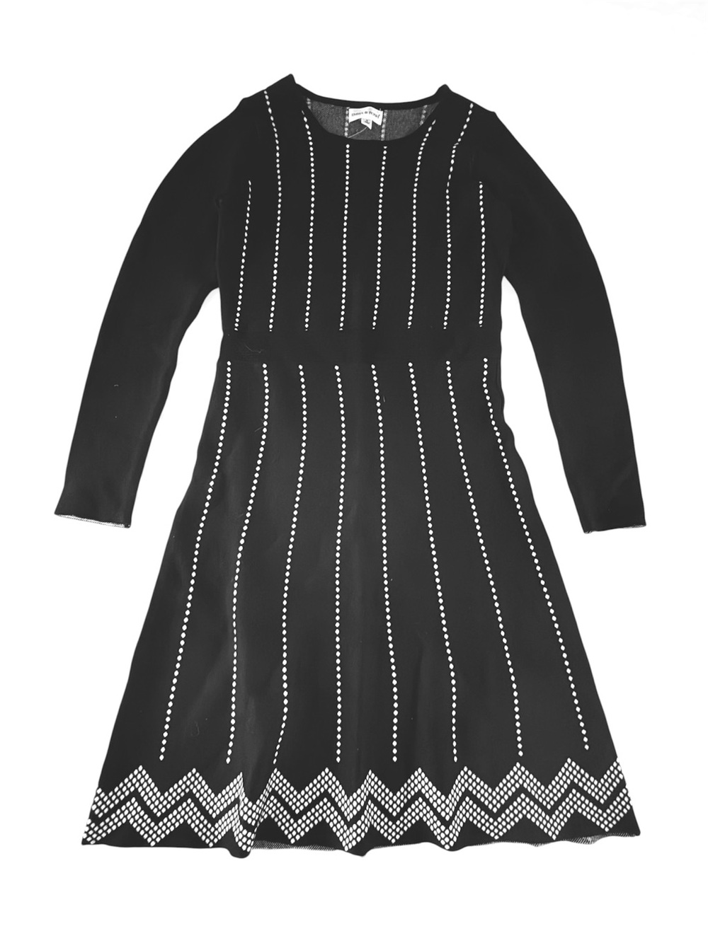 Knit/Stretch Long-Sleeve Midi Dress with Hem Detailing - M, Black/White - Picture 2 of 4